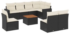 Set Divani da Giardino 9 pz con Cuscini Nero in Polyrattan