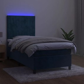 Letto a molle con materasso e led blu scuro 90x200cm in velluto