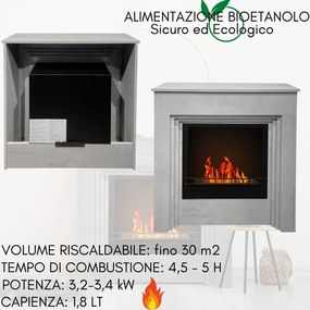 Camino a Bioetanolo da Terra Biocamino 1.8 LT Riscaldamento fino 30 m2 Bruciatore Acciaio Inox, Pannello FSC - Cemento