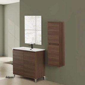 Mobile Bagno Da Terra "Revital" Da 80 Cm Con Due Ante Lavabo In Ceramica E Specchio Colore Noce Canaletto