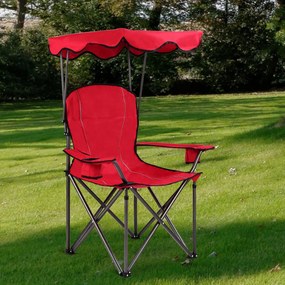 Costway Sedia da campeggio pieghevole con parasole, supporto reclinabile 120kg, Sedia da spiaggia portatile con portabicchieri, rosso