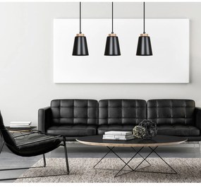 Lampadario 3 Luci Lancillotto Con Paralumi A Cono In Acciaio Nero E Legno Naturale