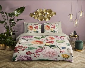 Set copripiumino e federa beige in raso di cotone per letto singolo ed esteso 140x220 cm Fiori – Descanso