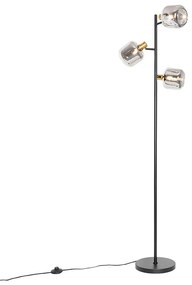 Lampada da terra nera con oro e vetro fumé 3 luci - Zuzanna