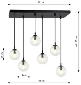 Sospensione Moderna 6 Luci Cosmo In Acciaio Nero E Sfere In Vetro Trasparente