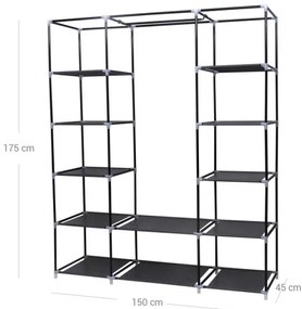 Armadio in tessuto con ripiani e barra appendiabiti MATIS 150x175 cm nero