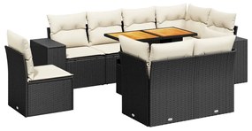 Set divani da giardino 9 pz con cuscini nero in polyrattan