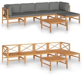 Set divani giardino 6pz cuscini grigi in legno massello di teak