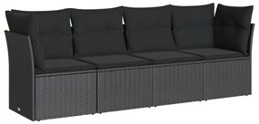 Set divani da giardino 4 pz con cuscini nero in polyrattan