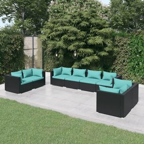 Set divani da giardino 8 pz con cuscini in polyrattan nero