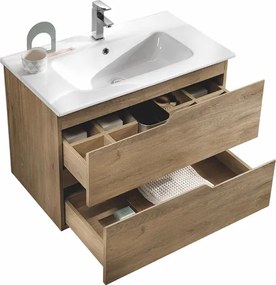 Mobile da bagno sospeso BORA base 80 cm a 2 cassetti con lavabo ROVERE NODI