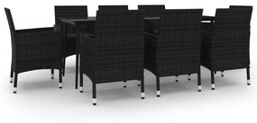 Set da pranzo per giardino 9 pz con cuscini polyrattan e vetro