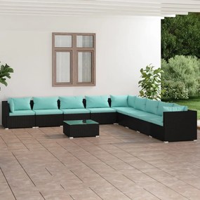 Set Divani da Giardino 10 pz con Cuscini in Polyrattan Nero