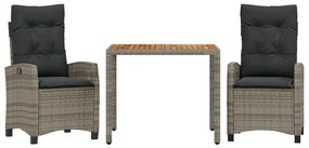 Set da pranzo da giardino 3 pz con cuscini in polyrattan grigio