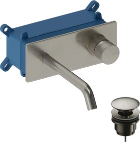 Rubinetto per lavabo Loop k 18 monocomando a parete per lavabo bocca 18cm + corpo incasso + piletta di scarico + placa rettangolare nickel brushed