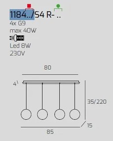 Sospensione cromo 4 luci rettangolare vetri rame 1184cr-s4 r-ra