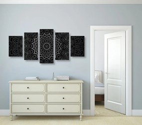 Quadri 5 pezzi – Mandala vintage in stile indiano in bianco e nero
