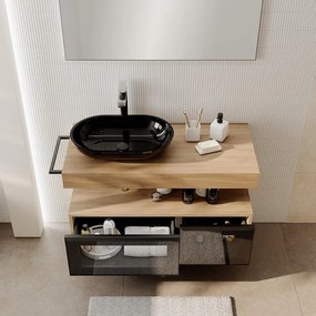 Mobile da bagno sospeso Star con top integrato L 100.3 x H 30 x P 46 cm rovere oak, 2 cassetti a sinistra con frontale in vetro Dark Grey