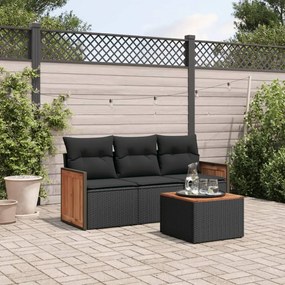 Set divani da giardino 4 pz con cuscini nero in polyrattan