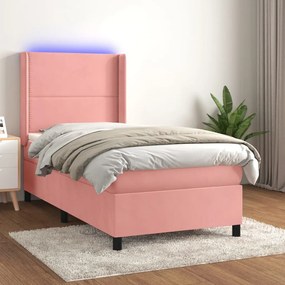 Letto A Molle Con Materasso E Led Rosa 100x200 Cm İn Velluto /