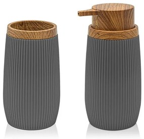Set 2 pezzi Dispenser sapone e Porta spazzolino Grigio dettagli effetto legno Blob