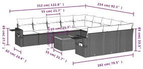 Set divani da giardino 12 pz con cuscini nero in polyrattan