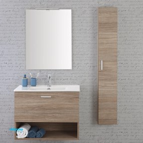 Mobile Bagno Sospeso "Greta" Da 80 Cm Composto Da Un Cassetto Ed Un Vano A Giorno Lavabo E Specchio Con Lampada Led Finitura Rovere Tropea