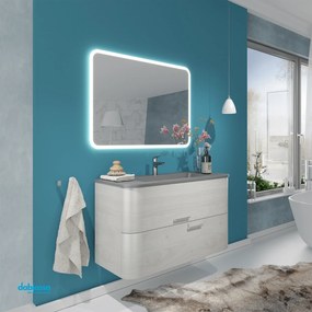 Mobile Bagno Sospeso "Geos" Da 100 Cm Composto Da Due Cassetti Lavabo E Specchio Finitura Legno Nordico