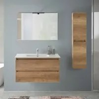 Mobile bagno sospeso 90 cm rovere naturale con pensile H 125 cm Nadia