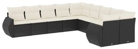 Set divani da giardino 10pz con cuscini in polyrattan nero