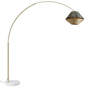 Lampada ad arco in ottone con doppio paralume in velluto bianco, motivo a foglie e beige - XXL
