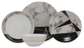 Set da tavola 24 pezzi, nero/bianco/oro, in porcellana