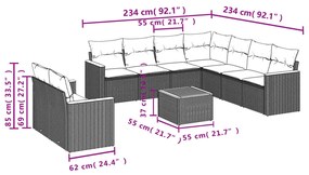 Set divani da giardino 10pz con cuscini in polyrattan nero