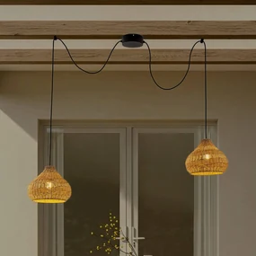 Lucande lampada a sospensione da esterno Taniola, a 2 luci, beige, rattan, IP44