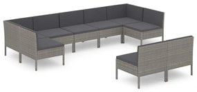 Set divani da giardino 9 pz con cuscini in polyrattan grigio