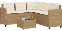 Divano da Giardino con Tavolo e Cuscini a L Beige in Polyrattan 369043