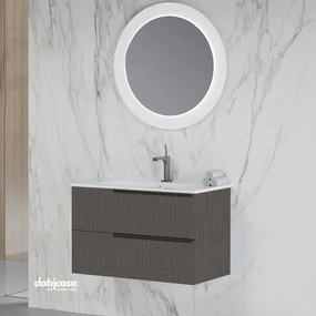 Mobile Bagno Sospeso "Oikos" Da 80 Cm Composto Da Due Cassetti Lavabo E Specchio Finitura Lino