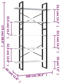 Libreria a 5 ripiani nera 100x30x175 cm in legno di pino