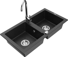Mexen Mario lavello da cucina in granito a 2 vasche con rubinetto Telma, nero/argento - 6504-73-670200-00