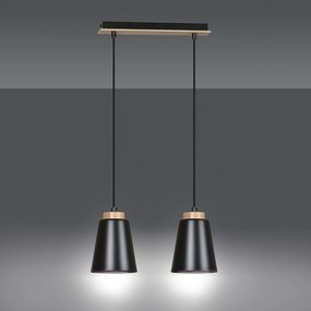 Lampadario 2 Luci Lancillotto Con Paralumi A Cono In Acciaio Nero E Legno Naturale