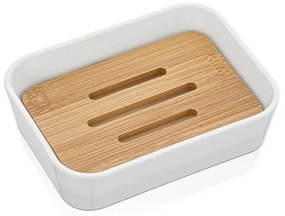 Portasapone in finitura bianca opaca con inserti in bambù
