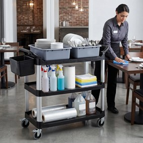 Carrello Pulizie Professionale 115x50x100 cm a 3 Ripiani con 2 Contenitori Rimovibili Bidone Laterale e 4 Ruote in PP Nero...