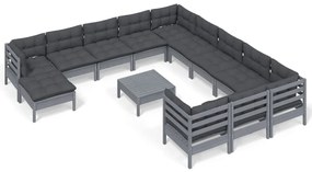 Set divani da giardino 13 pz con cuscini grigi massello di pino