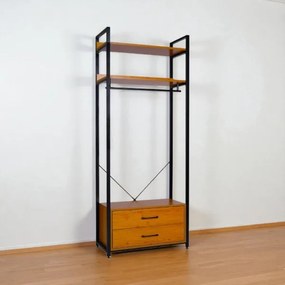 Armadio in metallo nero 80x37 cm doppio cassetto ripiani legno e appendiabiti