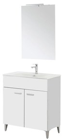 Mobili Bagno a Terra 80 Cm Due Ante Specchio Con Lampada Led 62x78,5 Cm Feridras "Greta" Bianco Lucido