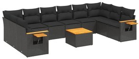 Set divani da giardino 11 pz con cuscini in polyrattan nero