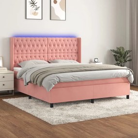 Letto a molle con materasso e led rosa 180x200 cm in velluto