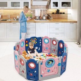 Costway Box multifunzionale con 14 pannelli e giocattoli educativi per bambini, Recinto portatile Blu e rosa