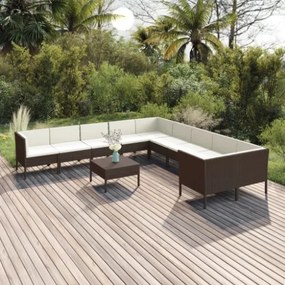 Set Divani da Giardino 11 pz con Cuscini in Polyrattan Marrone