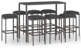 Set da bar per giardino 9 pz con cuscini in polyrattan grigio